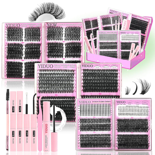 6 Box Mix Lashes Clusters Kit Gift Packs 1686Pcs with 2X Bond&Seal Volume Mega/Bottom Soft Extension False Eyelash D Curl Wispy Natural DIY Individual Fake Eyelashes for Beginners Bulk Pack-Velvo Beauty