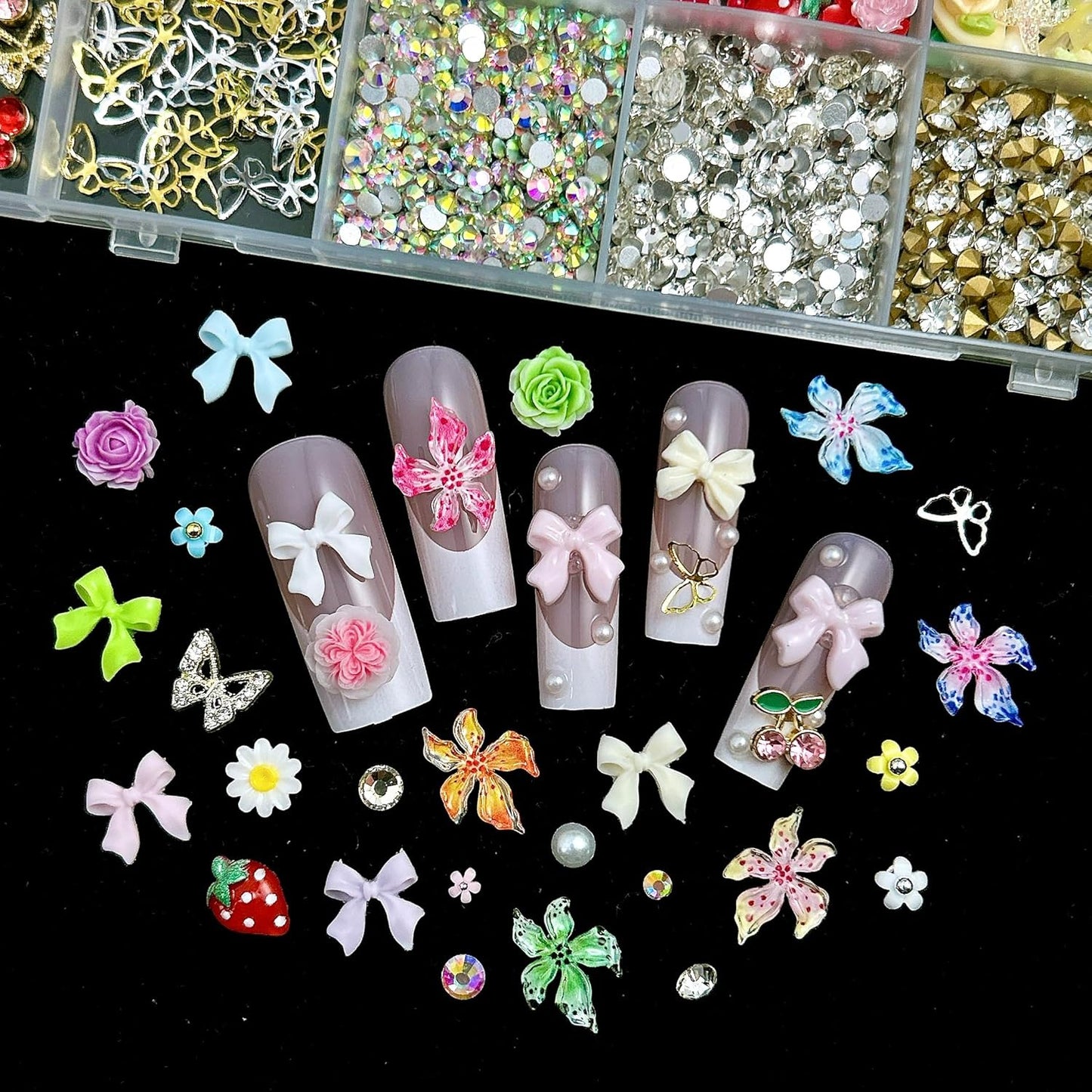 Flower Bow Nail Charms and Gems, 3D Resin Blossom Petals with Caviar Beads Charms for Nails Design,Flatback Pearl Charms Cherry Butterfly Rhinestone Nail Charms for Manicure DIY-Velvo Beauty
