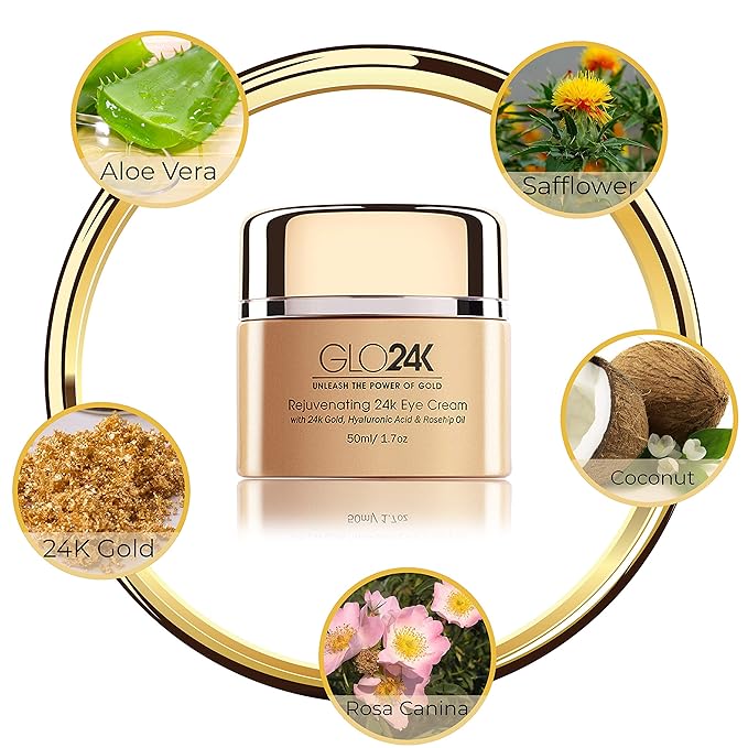 GLO24K Eye Cream with 24k Gold, Hyaluronic Acid, Rosehip Oil, and Vitamins. Minimizes wrinkles and fine-lines around the eyes-Velvo Beauty