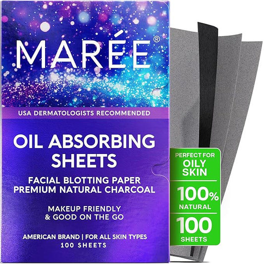 MAREE Oil Blotting Sheets for Face (100 Sheets) - Mineral Blotting Papers For Face with Bamboo Charcoal - Maximum Absorption & Shine Control - Makeup-Friendly Wipes for Oily Skin-Velvo Beauty