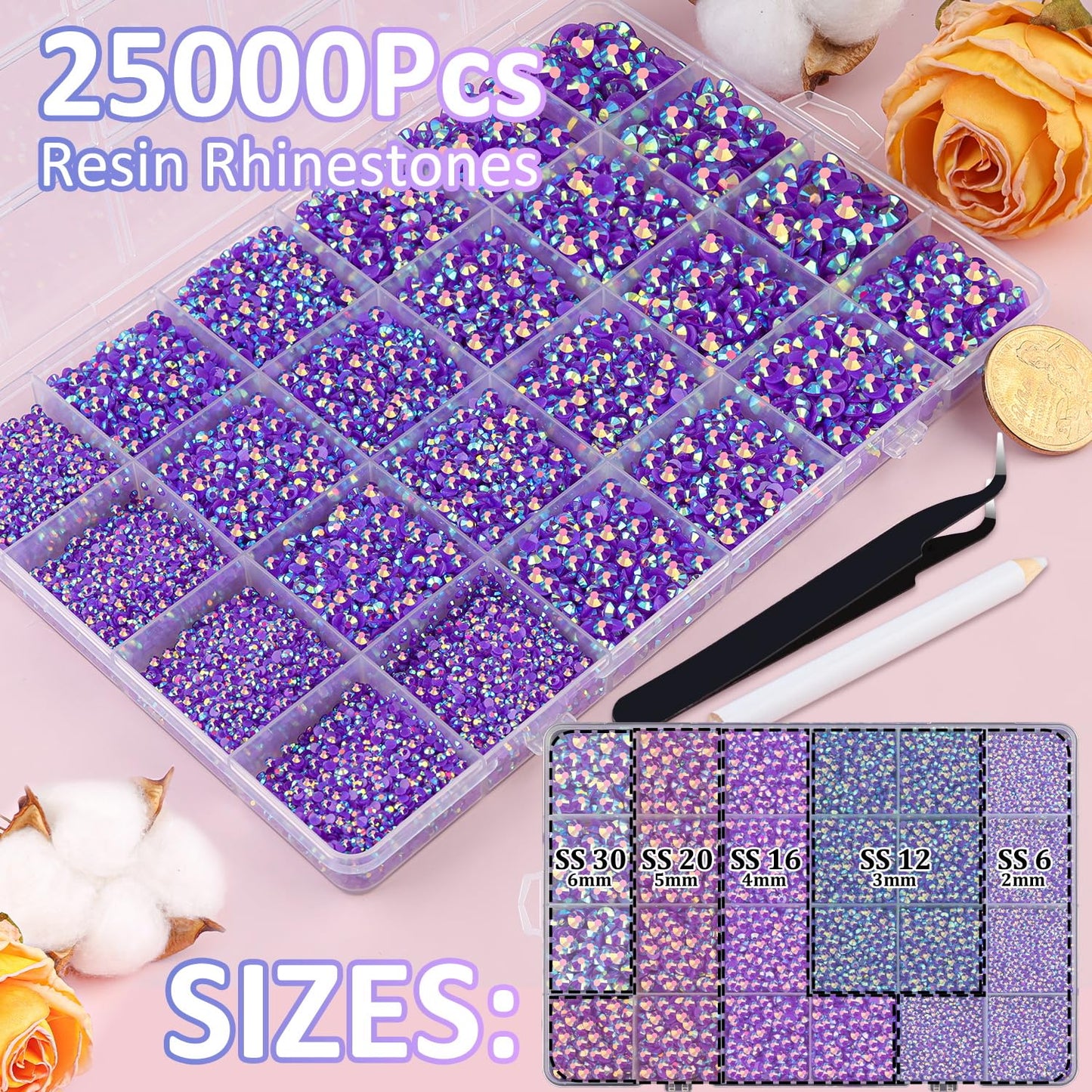 25000Pcs Resin Jelly Rhinestones with Tweezers for Crafting, Dark Purple AB Flatback Gems, Bedazzling Crystal with 3Pcs 10ml B7000 Jewelry Glue for DIY Crafts Clothing Tumblers Shoes Fabric Nail Art-Velvo Beauty
