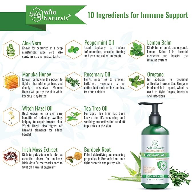 Pure Aloe Vera Gel Hand Cleaner - 100% Aloe Vera Gel Organic with Manuka Honey, Witch Hazel, Peppermint, Oregano, Rosemary, & Cleansing Tea Tree - Organic Waterless Purifying Wash-Velvo Beauty