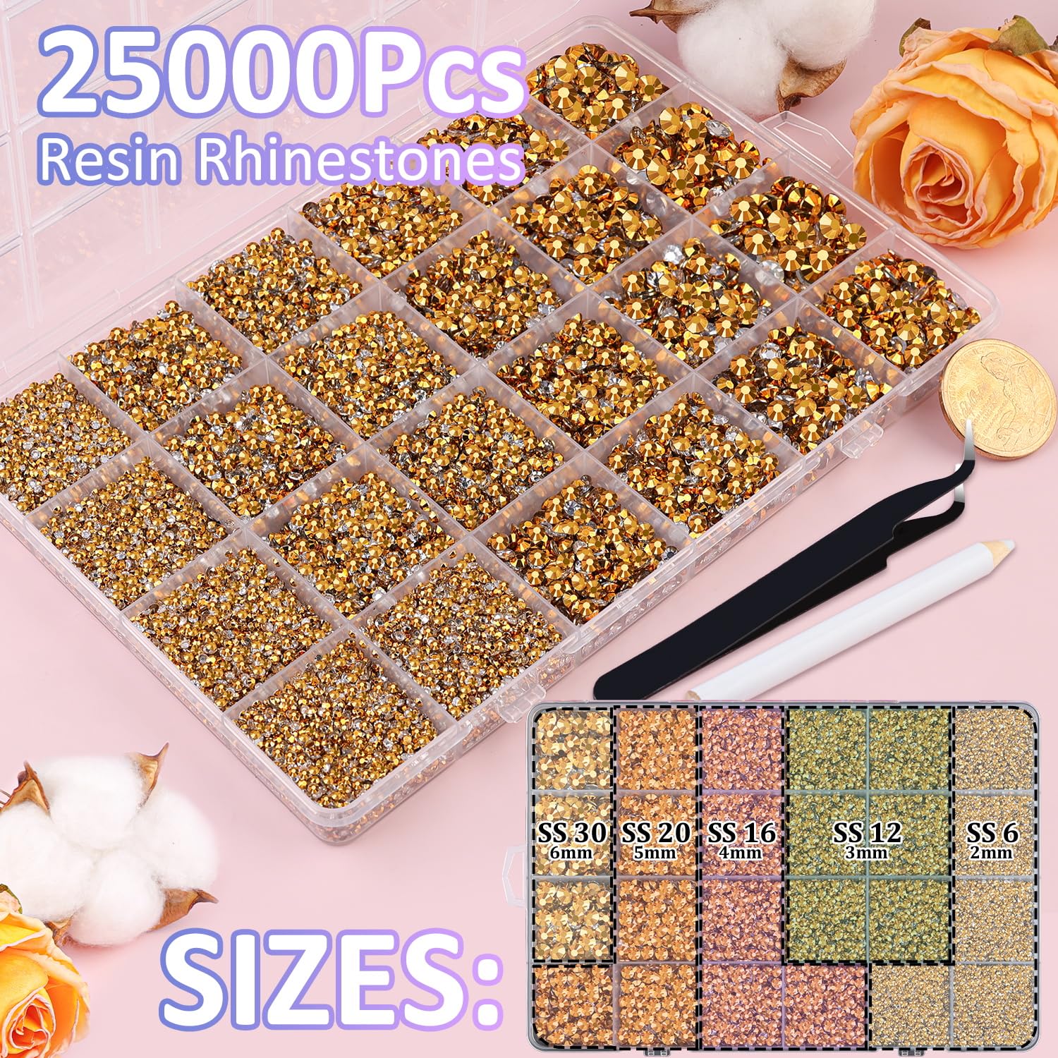 25000Pcs Resin Rhinestones with Tweezers for Crafting, Gold Flatback Gems, Bedazzling Crystal with 3Pcs 10ml B7000 Jewelry Glue for DIY Crafts Clothing Tumblers Shoes Fabric Nail Art-Velvo Beauty