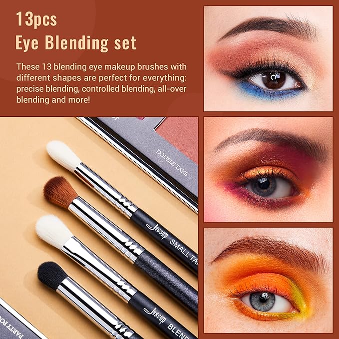 Jessup Eye Makeup Brushes Set Professional Blending Brush for Makeup Eyeshadow 13pcs Premium Synthetic Blender Brush Makeup Black T338-Velvo Beauty