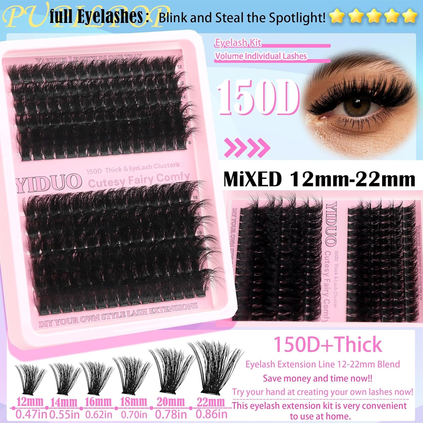 575Pcs Bulk Pack Lashes Clusters Kit with Glue and Removers, D Curl Volume 150D+200D+Spiky Lashes Clusters, 12-21mm Manga Extension Eyelashes DIY Individual False Eyelash Wholesale Pack-Velvo Beauty