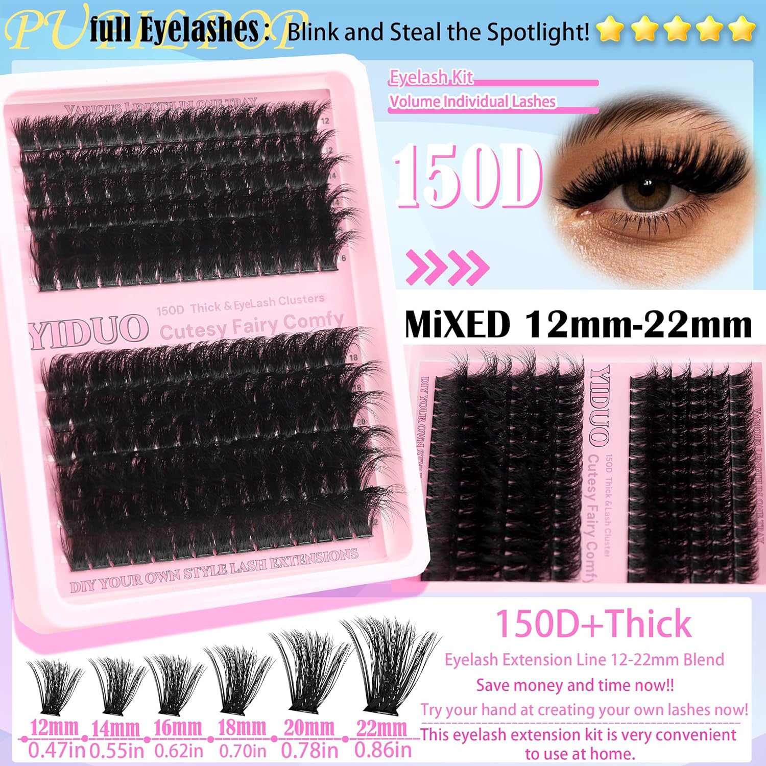 575Pcs Bulk Pack Lashes Clusters Kit with Glue and Removers, D Curl Volume 150D+200D+Spiky Lashes Clusters, 12-21mm Manga Extension Eyelashes DIY Individual False Eyelash Wholesale Pack-Velvo Beauty