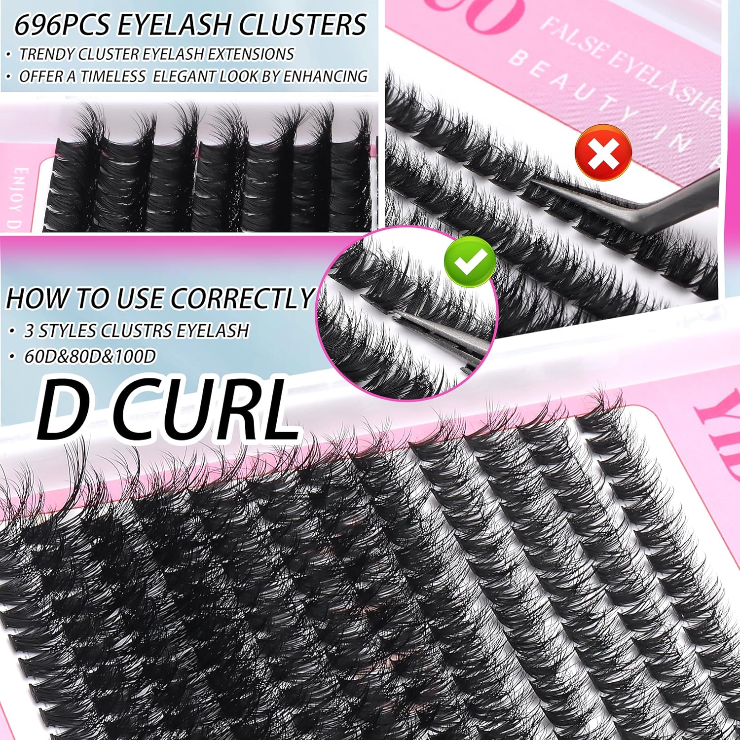 D Curl Volume Fake Eyelashes Lashes Cluster Kit Wispy Faux Mink Lashes 696Pcs Bulk Packs, DIY Individual Eyelash Extensions Wholesale Combo Pack with Glue|Tweezers|Removers-Velvo Beauty