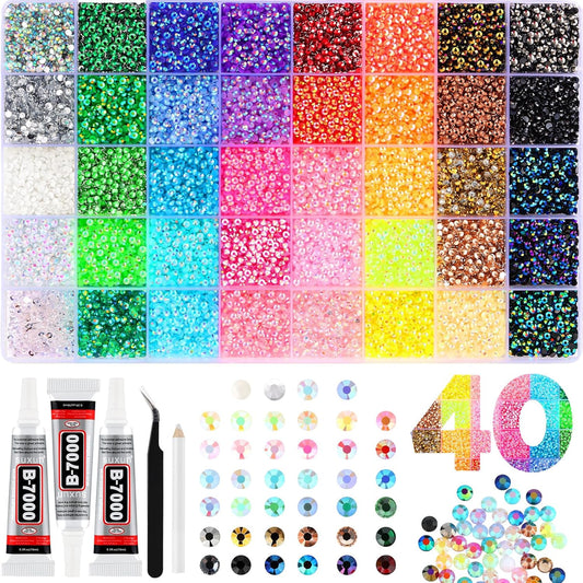 Zefy 40 Colors Resin Jelly Rhinestones for Bedazzling, 3mm 32000 Pcs Flatback Gems for Crafting, Bedazzling Kit with 3Pcs B7000 Glue for Clothing Shoes Nail Book Diamond Art-Velvo Beauty