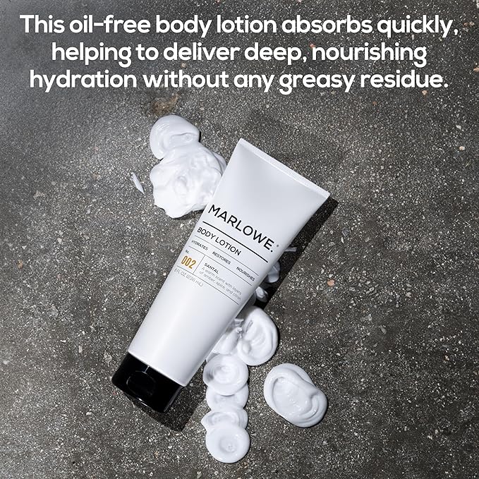 MARLOWE. No. 002 Santal Body Lotion 8 Oz, Moisturizing & Nourishing Daily Dry Skin Lotion for Men, Made with Hydrating Natural Aloe Vera, Non-Oily, Warm Amber, Sandalwood & Citron Scent, Vegan-Velvo Beauty