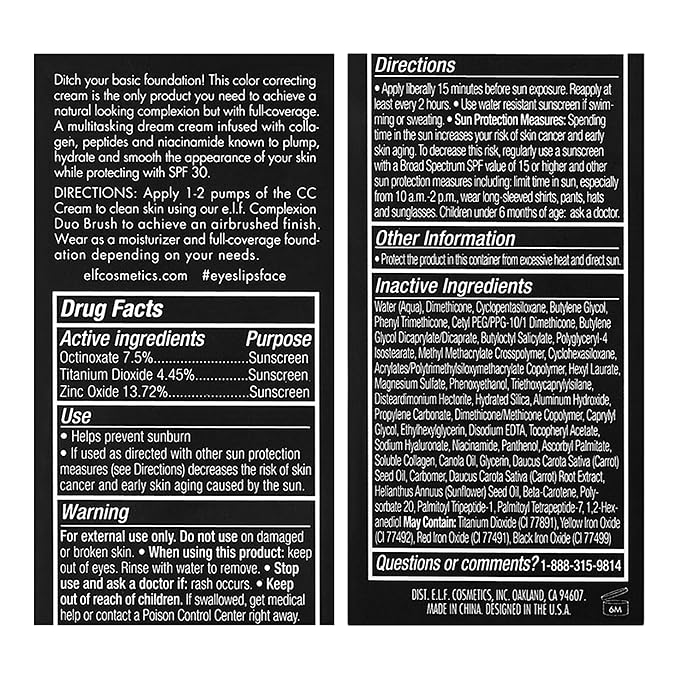 e.l.f. Camo CC Cream, Color Correcting Medium-To-Full Coverage Foundation with SPF 30, Deep 510 C, 1.05 Oz (30g)-Velvo Beauty