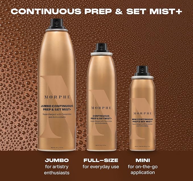 Morphe Mini Continuous Prep & Set Setting Spray - Hydrating Setting Spray for Makeup & Skin Prep - Enriched with Ceramides and Antioxidants for a Radiant Finish (3 Count, 1.3 fl oz)-Velvo Beauty