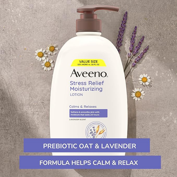 Aveeno Stress Relief Moisturizing Body Lotion 33 Fl Oz, Lavender Scent with Prebiotic Oat, Hydrating 24-Hour Moisturizer Non-Greasy for Dry Sensitive Skin, Paraben & Dye Free, Calming & Relaxing-Velvo Beauty