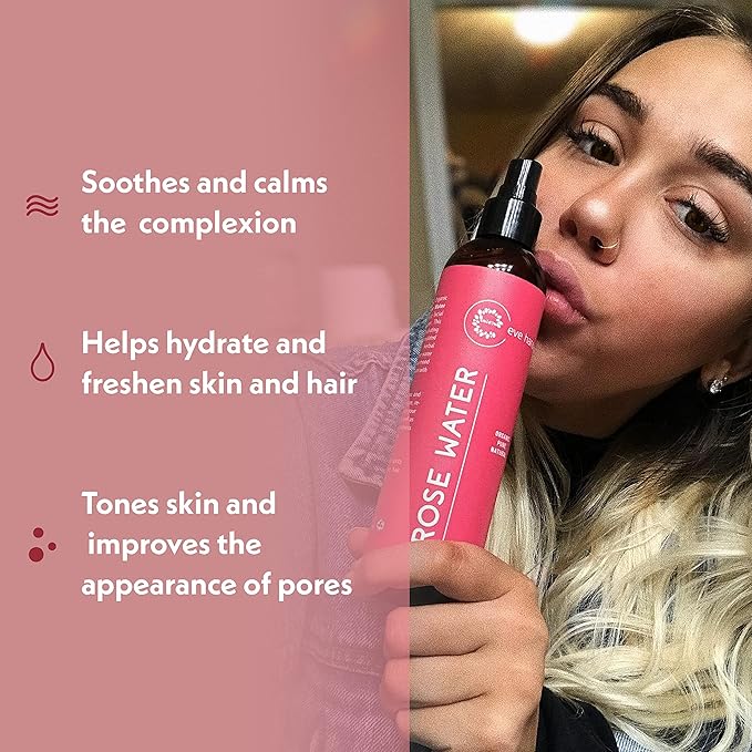 Eve Hansen Organic Rose Water Spray – Pure Rosewater Face & Hair Mist for Hydration & Refreshing Glow | Facial Toner & Makeup Setting Spray | Alcohol-Free & Vegan | 4 oz-Velvo Beauty
