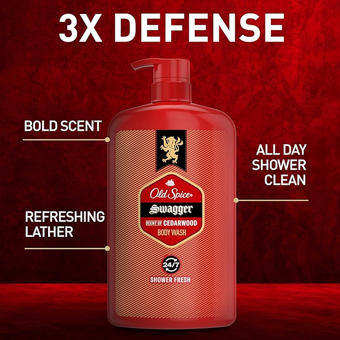 Old Spice Body Wash for Men, 24/7 Shower Fresh with Lasting Scent, Red Collection, Swagger with Cedarwood Scent, 33.4 fl oz (Pack of 4)-Velvo Beauty