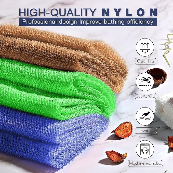 UJFQBH 3 Pieces African Bath Sponge African Net Long Net Bath Sponge Exfoliating Shower Body Scrubber Back Scrubber Skin Smoother,Great for Daily Use (Brown、Blue、Green)-Velvo Beauty