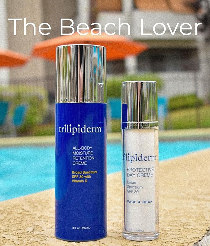 Trilipiderm Beach Lover Bundle- All-Body Moisture Retention Crème Sunscreen (8oz) & Protective Day Crème Broad Spectrum SPF 30 (1.7oz), Sunscreen Lotion UVA/UVB Set for Face, Body, Travel Size-Velvo Beauty