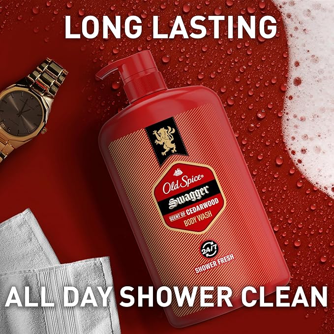 Old Spice Body Wash for Men, 24/7 Shower Fresh with Lasting Scent, Red Collection, Swagger with Cedarwood Scent, 33.4 fl oz (Pack of 4)-Velvo Beauty