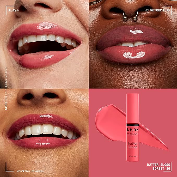 NYX PROFESSIONAL MAKEUP Butter Gloss, Non-Sticky Lip Gloss - Sorbet (Vibrant Coral)-Velvo Beauty