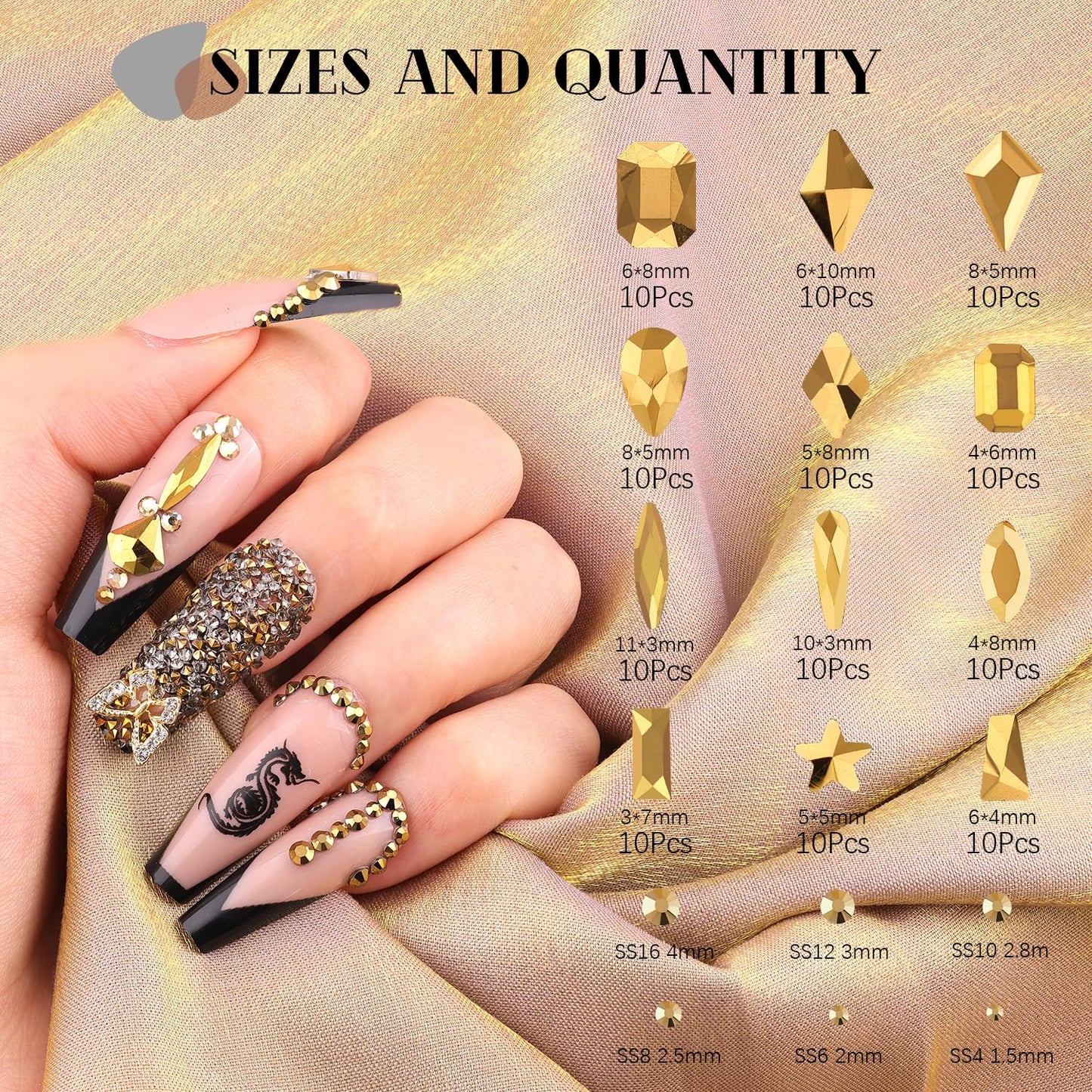3220Pcs Mineral Gold Glass Nail Rhinestones 120Pcs Multi Shapes Flatback Nail Gems + 3100Pcs 1.5-4mm Round Crystal with Rhinestones Glue Gel, Manicure Nail Charms Diamond Gemstone for Nail Art-Velvo Beauty