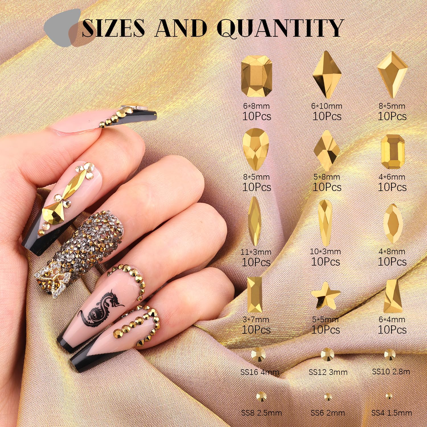 3220Pcs Mineral Gold Glass Nail Rhinestones 120Pcs Multi Shapes Flatback Nail Gems + 3100Pcs 1.5-4mm Round Crystal with Rhinestones Glue Gel, Manicure Nail Charms Diamond Gemstone for Nail Art-Velvo Beauty