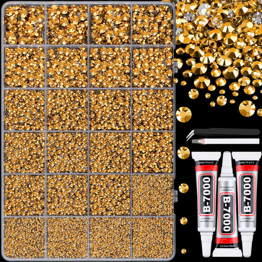 25000Pcs Resin Rhinestones with Tweezers for Crafting, Gold Flatback Gems, Bedazzling Crystal with 3Pcs 10ml B7000 Jewelry Glue for DIY Crafts Clothing Tumblers Shoes Fabric Nail Art-Velvo Beauty