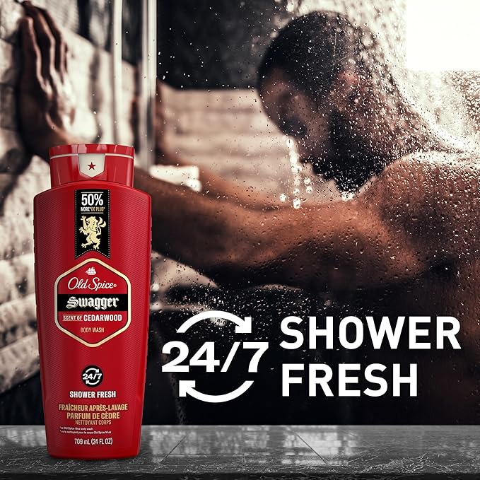Old Spice Body Wash for Men, 24/7 Shower Fresh with Lasting Scent, Red Collection, Swagger with Cedarwood Scent, 24 fl oz (Pack of 2)-Velvo Beauty