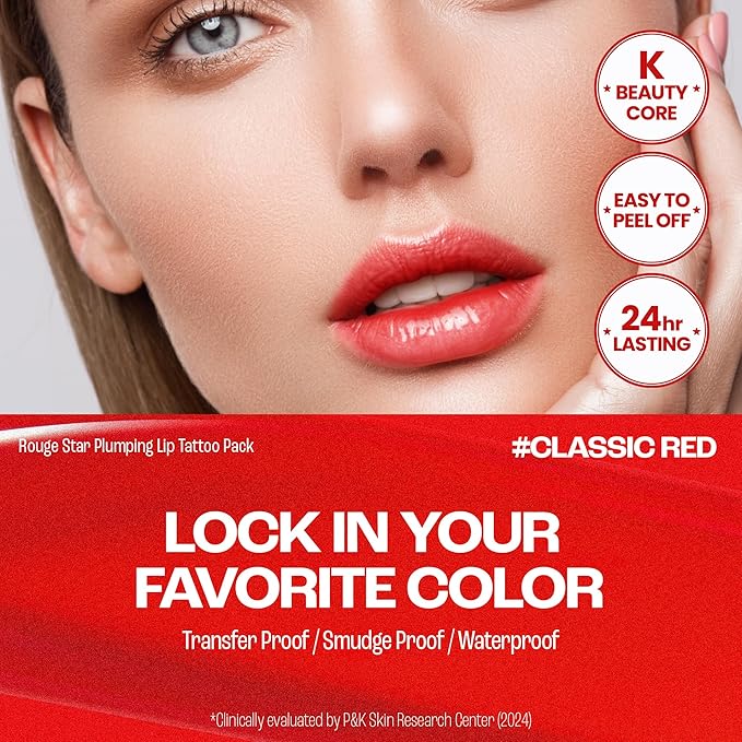 Rouge Star Plumping Lip Tattoo (0.17 oz) - 72-HR Long Lasting Waterproof Peel Off Lip Stain - Transfer-Proof, Non -Sticky Hydrating Matte Lip Tint Tattoo (Classic Red)-Velvo Beauty