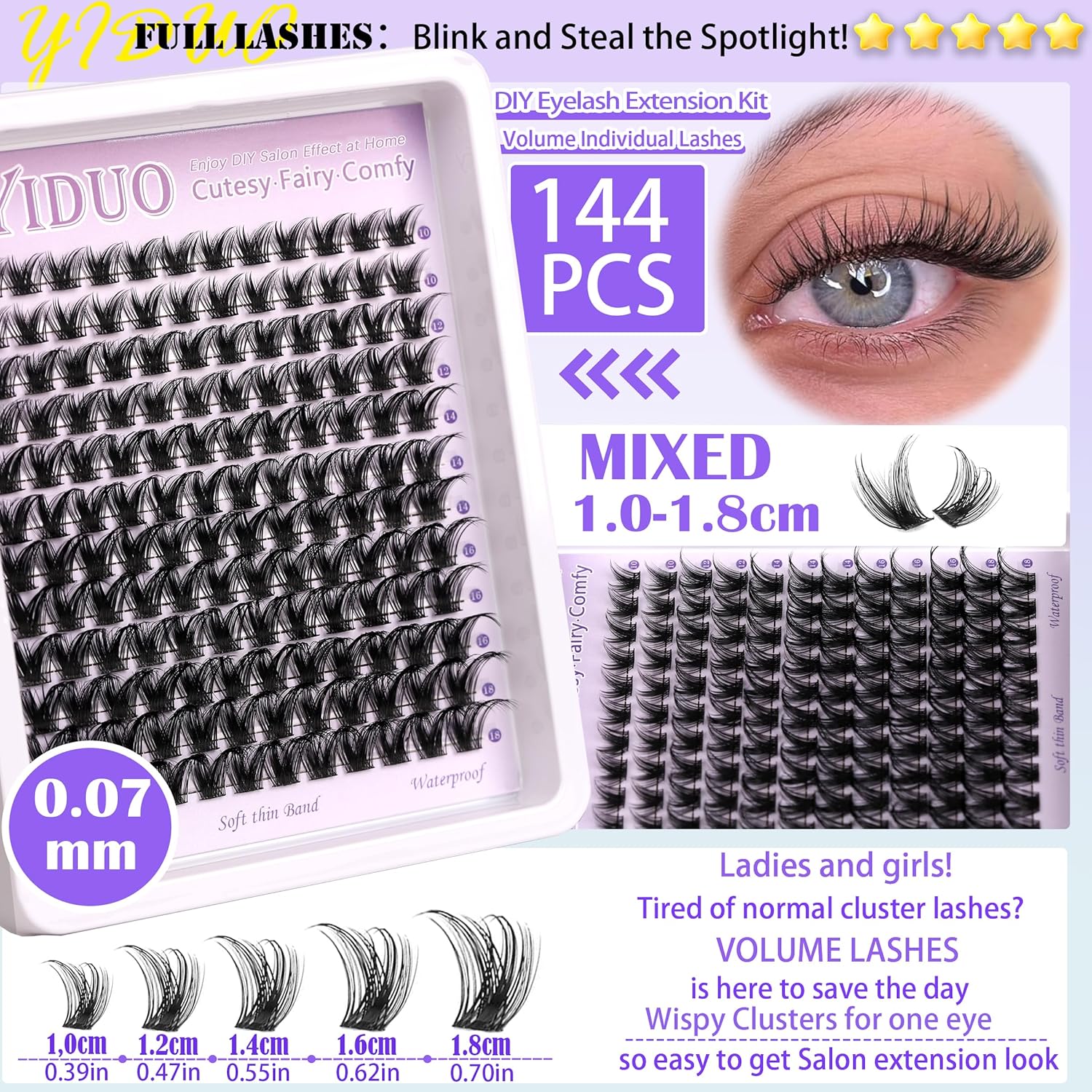 YlDUO Lashes Clusters Kit Gift Packs Natural False Eyelashes Extensions C/D Curl Wispy Individual Fake Eyelash, DIY Natural Extension Lash with Glue*2|Tweezers|Removers|Eyelash&Eyebrow Brush-Velvo Beauty