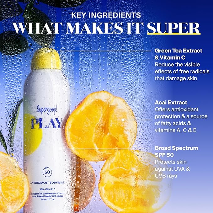 Supergoop! PLAY SPF 50 Antioxidant Body Mist w/Vitamin C - 3 fl oz, 2 Pack - Broad Spectrum Sunscreen Spray - Great for Active Days-Velvo Beauty