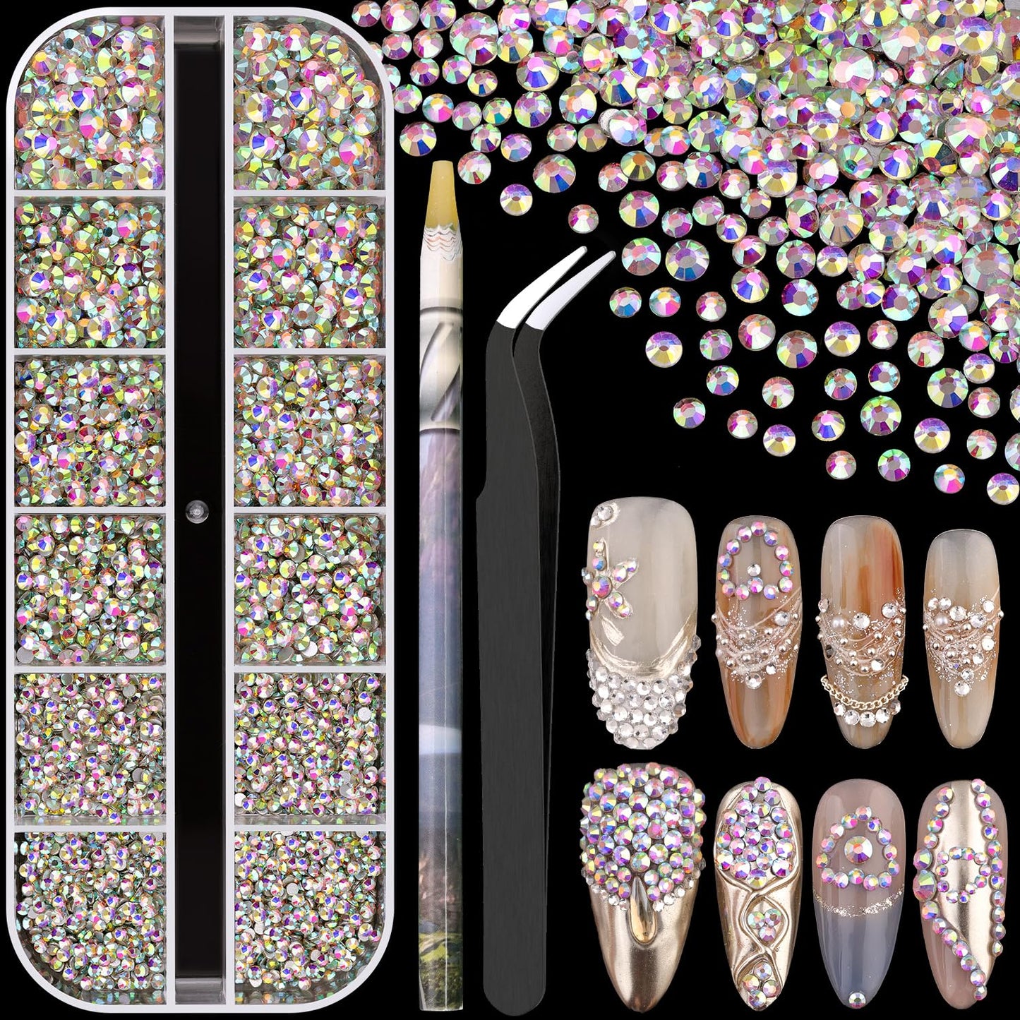 3600pcs Glass AB Nail Rhinestones 6 Sizes(1.8/2/2.4/2.8/3/4mm) Flatback Crystal Nail Charms Jewels Decoration for Nail Art and Crafting, Tweezer and Pickup Pen included-Velvo Beauty