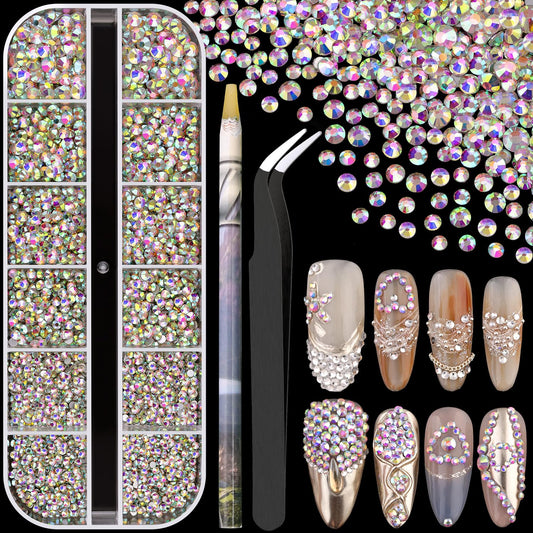 3600pcs Glass AB Nail Rhinestones 6 Sizes(1.8/2/2.4/2.8/3/4mm) Flatback Crystal Nail Charms Jewels Decoration for Nail Art and Crafting, Tweezer and Pickup Pen included-Velvo Beauty