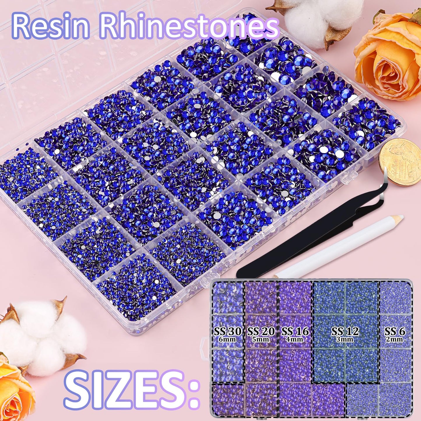 30000Pcs Resin Rhinestones with Tweezers for Crafting, Royal Blue Flatback Gems, Bedazzling Crystal with 3Pcs 10ml B7000 Jewelry Glue for DIY Crafts Clothing Tumblers Shoes Fabric Nail Art-Velvo Beauty