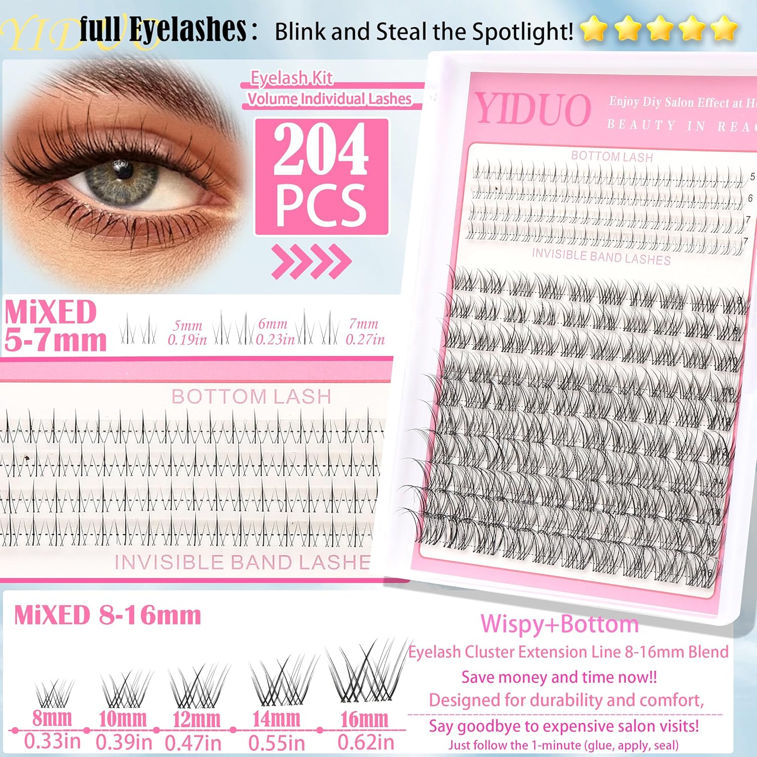 Fairy Manga lashes Clusters with Bottom Lashes Clusters Kit Gift Packs 604Pcs 5-16mm Soft Extension False Eyelash D Curl Wispy Natural Wet-Look Lashes Extensions Combo Pack with Glue Removers-Velvo Beauty