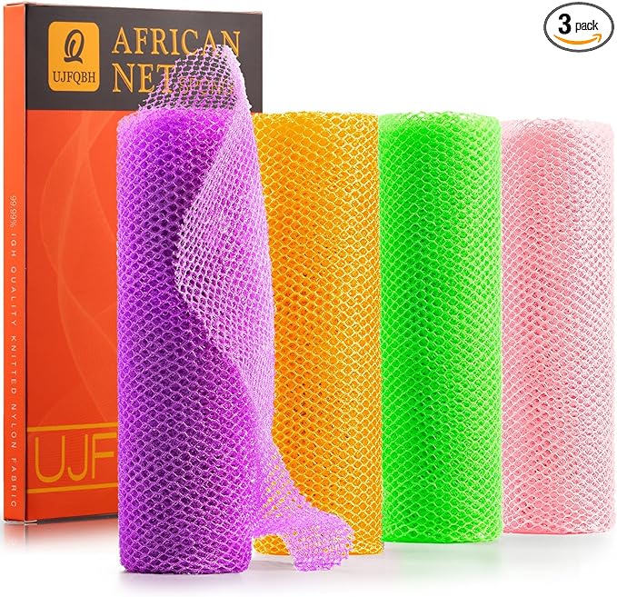 UJFQBH 4 Pieces African Net Sponge African Net Long Net Bath Sponge Exfoliating Shower Body Scrubber Back Scrubber Skin Smoother,Great for Daily Use (Purple, Orange, Green, Pink)-Velvo Beauty