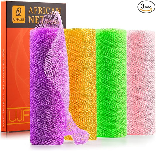UJFQBH 4 Pieces African Net Sponge African Net Long Net Bath Sponge Exfoliating Shower Body Scrubber Back Scrubber Skin Smoother,Great for Daily Use (Purple, Orange, Green, Pink)-Velvo Beauty