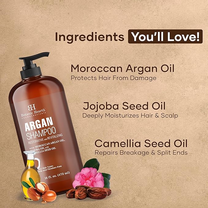 Botanic Hearth Argan Shampoo, Hydrating & Volumizing, Sulfate & Paraben Free, All Hair Types & Color Treated Hair, Men and Women 16 fl oz-Velvo Beauty