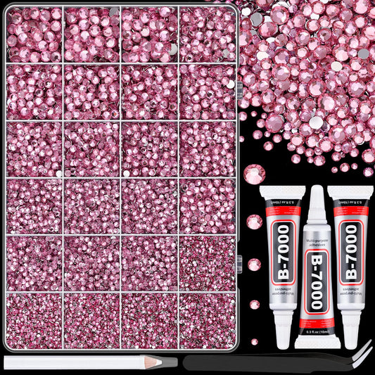 25000Pcs Resin Rhinestones with Tweezers for Crafting, Dark Pink 2-6mm Mixed Sizes Bedazzling Crystal with 3Pcs 10ml B7000 Jewelry Glue for DIY Crafts Clothing Tumblers Shoes Fabric Nail Art-Velvo Beauty