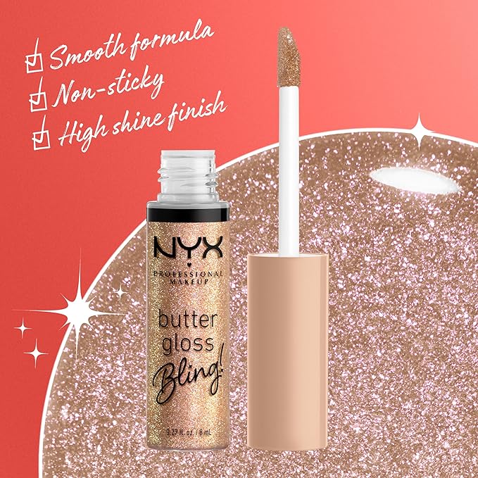 NYX PROFESSIONAL MAKEUP Butter Gloss Bling Lip Gloss, Non Sticky and Shiny Vegan Lip Makeup - Bring The Bling-Velvo Beauty