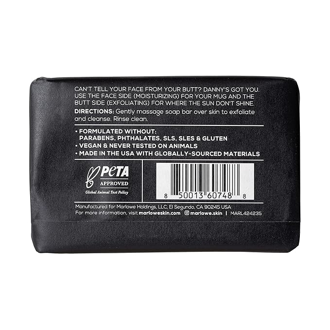 MARLOWE. No. 069 Butt Face Mens Soap, 7 Oz, Double Sided Moisturizing & Body Exfoliator Bar Soap with Pumice & Apricot Seed Powder, Crisp Sea Air, Fresh Sage + Cedarwood Scent-Velvo Beauty