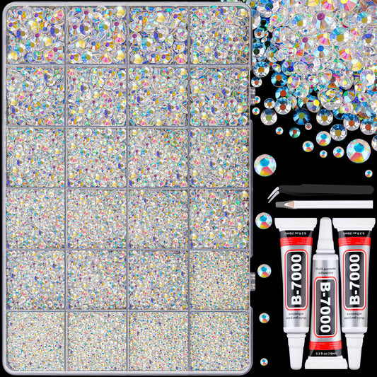 30000Pcs Resin Jelly Rhinestones with Tweezers for Crafting, Transparent AB Flatback Gems, Bedazzling Crystal with 3Pcs 10ml B7000 Jewelry Glue for DIY Crafts Clothing Tumblers Shoes Fabric Nail Art-Velvo Beauty