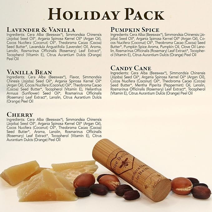 Bee Bella Lip Balm Holiday Gift Box, Cherry, Lavender Vanilla, Vanilla Bean, Pumpkin Spice, Candy Cane, 5 Pack - Hydrating, Moisturizing, Natural, Organic Beeswax with Vitamin E, Handmade in USA-Velvo Beauty