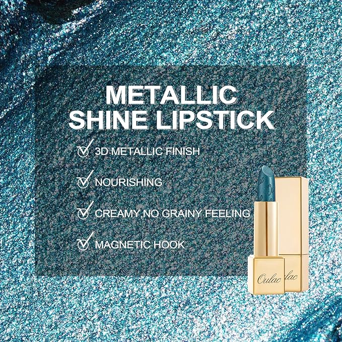 Oulac Metallic Green Lipstick for Women with Metallic 3D Shine, Lightweight Hydrating Formula, High-Impact Lip Color, Vegan Beauty, Full Coverage Lip Makeup, Turquoise (20)-Velvo Beauty