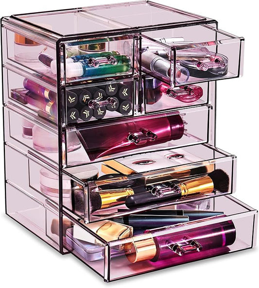 Sorbus Acrylic Makeup Organizer - Organization and Storage Case for Cosmetics Make Up & Jewelry - Big Clear Makeup Organizer for Vanity, Bathroom, College Dorm, Closet, Desk (3 Large, 4 Small Drawers)-Velvo Beauty