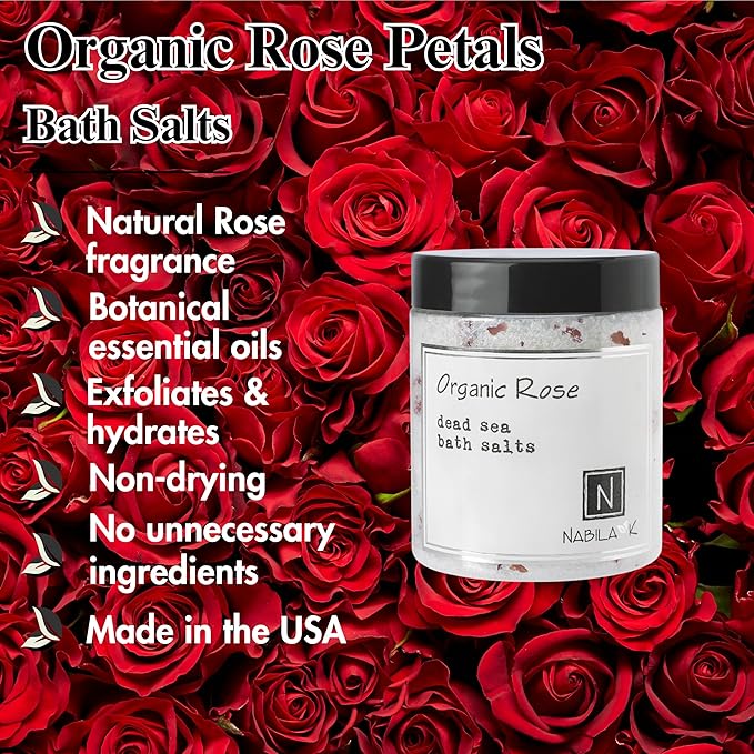 Organic Rose Bath Salts by Nabila K - Dead Sea Salt & Epsom Salt Scrub & Soak - Exfoliates & Hydrates Skin, Botanical Essential Oils - Bubble Bath Accessories for All Skins Types, 8 oz-Velvo Beauty