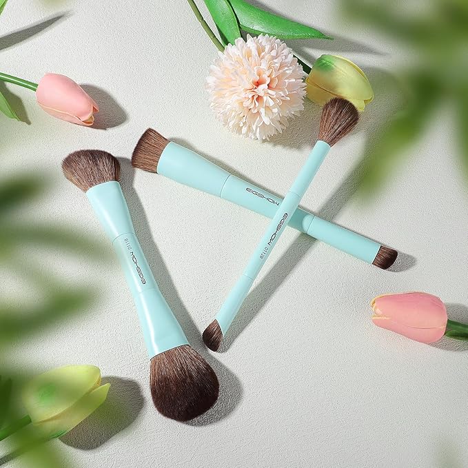EIGSHOW Makeup Brush Set, 3Pcs Dual Ended Face Makeup Brushes for Foundation Powder Contour Highlight Concealer Nose Shadow, Travel Gift Set (Cyan)-Velvo Beauty