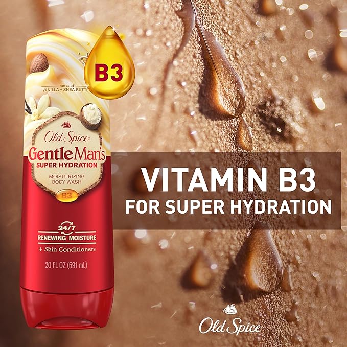 Old Spice Body Wash GentleMan’s Super Hydration for Men, 24/7 Renewing Moisture, Gentle on Skin with Skin Conditioners, Vanilla + Shea Butter Scent, 20 oz-Velvo Beauty