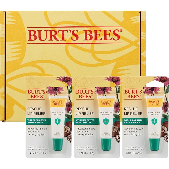 Burt's Bees Rescue Lip Relief Lip Balm, With Shea Butter and Echinacea, Tint-Free, Natural Origin Lip Care, 3 Tubes, 0.35 oz.-Velvo Beauty