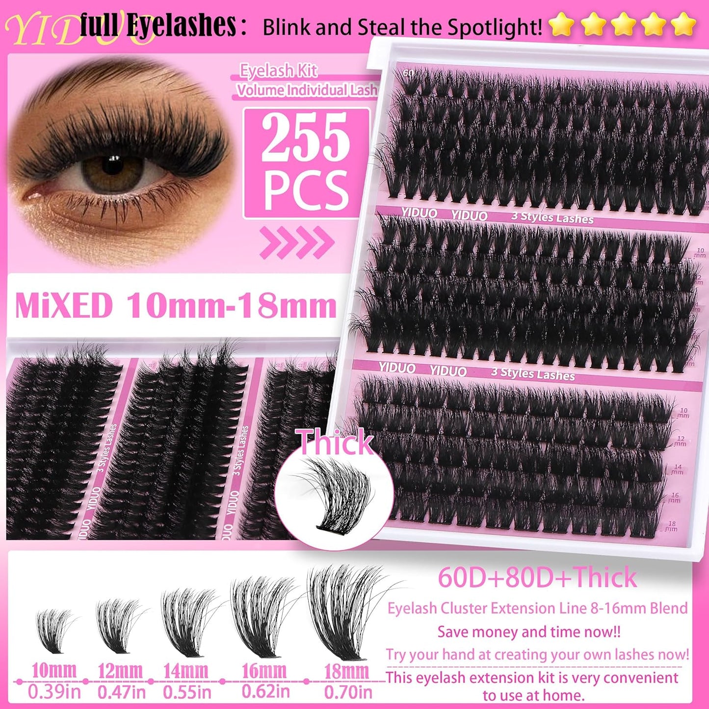 Lashes 7 style Mixed C-Curl False Eyelashes Extensions Clusters Lashes Kit Gift Packs 835Pcs with Bond&Seal Faux Mink Individual Lash Wholesale Pack DIY Individual Fake Eyelashes Box-Velvo Beauty