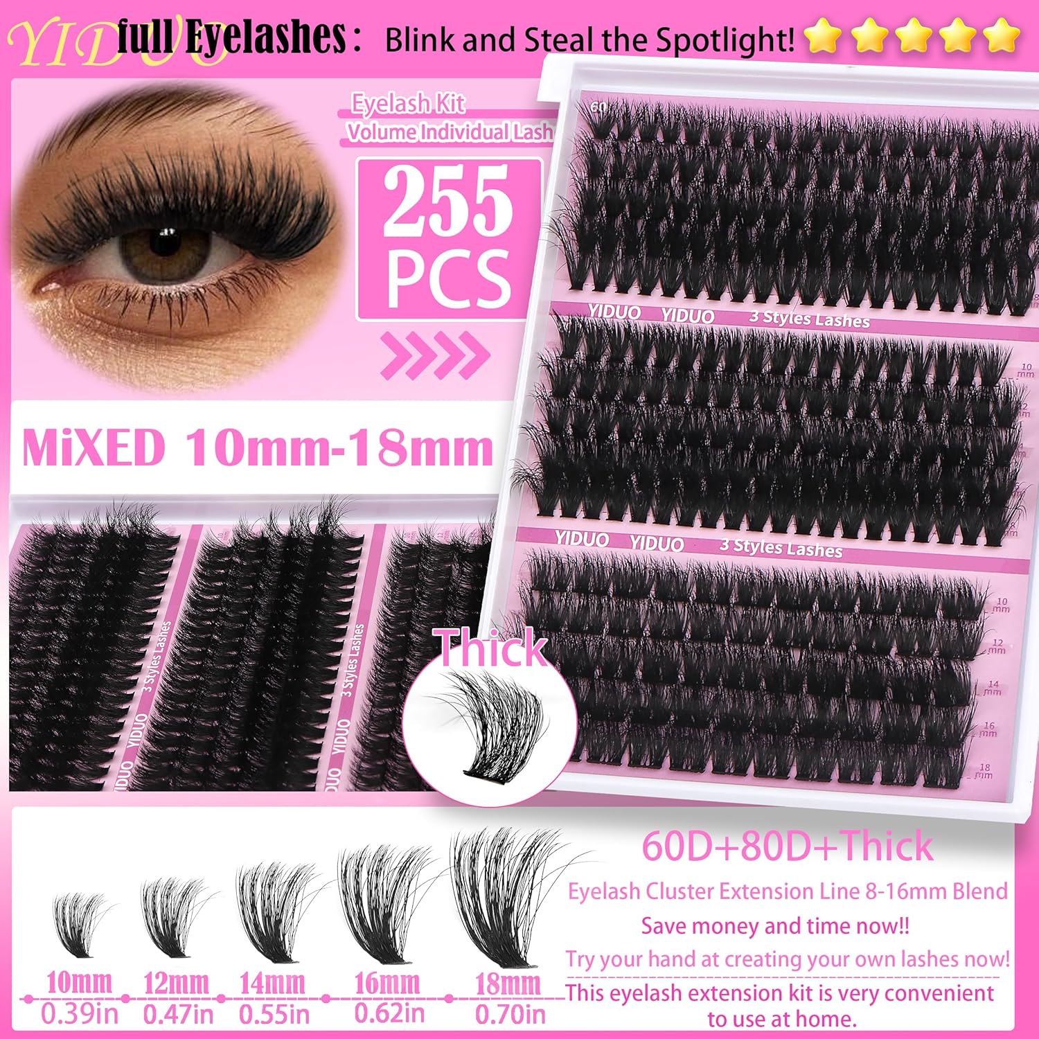 Lashes 7 style Mixed C-Curl False Eyelashes Extensions Clusters Lashes Kit Gift Packs 835Pcs with Bond&Seal Faux Mink Individual Lash Wholesale Pack DIY Individual Fake Eyelashes Box-Velvo Beauty