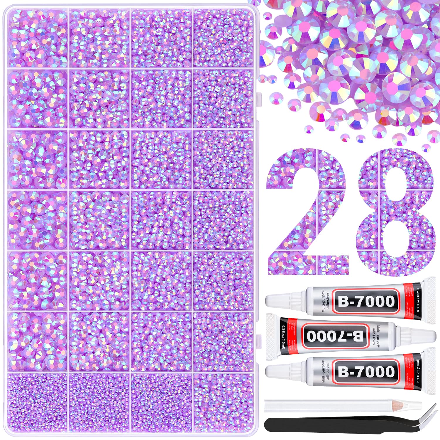 30000Pcs Resin Rhinestones for Bedazzling with 3Pcs B7000 Jewelry Glue, Lavender Purple AB Flatback Gems Rhinestones for Crafting, Clothing Tumblers Mugs Shoes Fabric Decor Nail Art-Velvo Beauty
